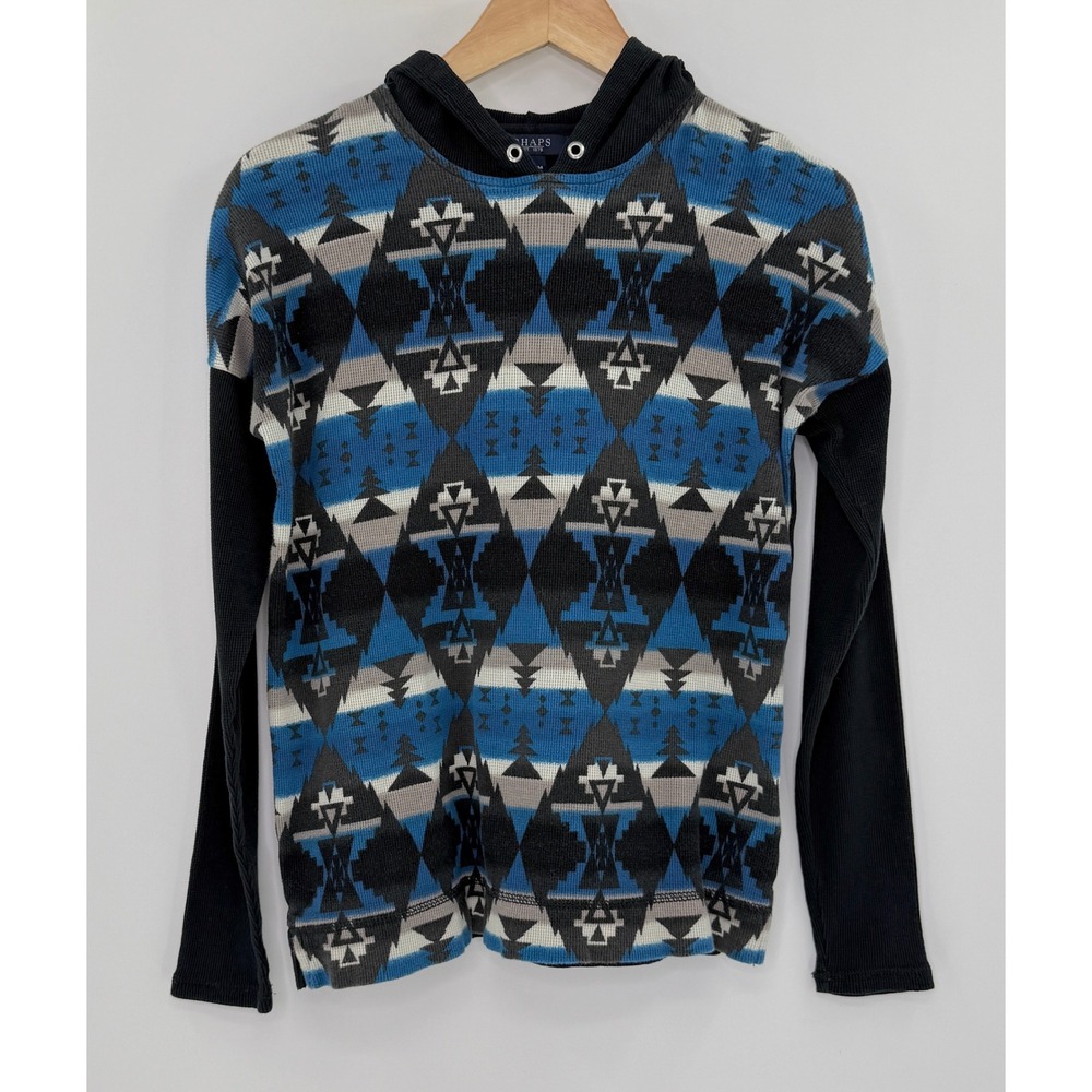 Chaps Womens Hooded Pullover Aztec Print Long Sleeve‎ Top Size M